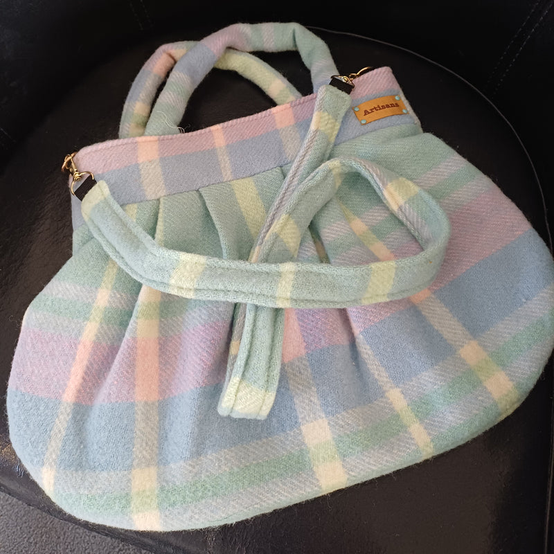 Marshmallow pink and blue dual purpose pleated shoulder bag or handbag