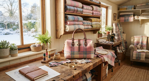 Reimagined Collective handbags and vintage woollen blankets on display